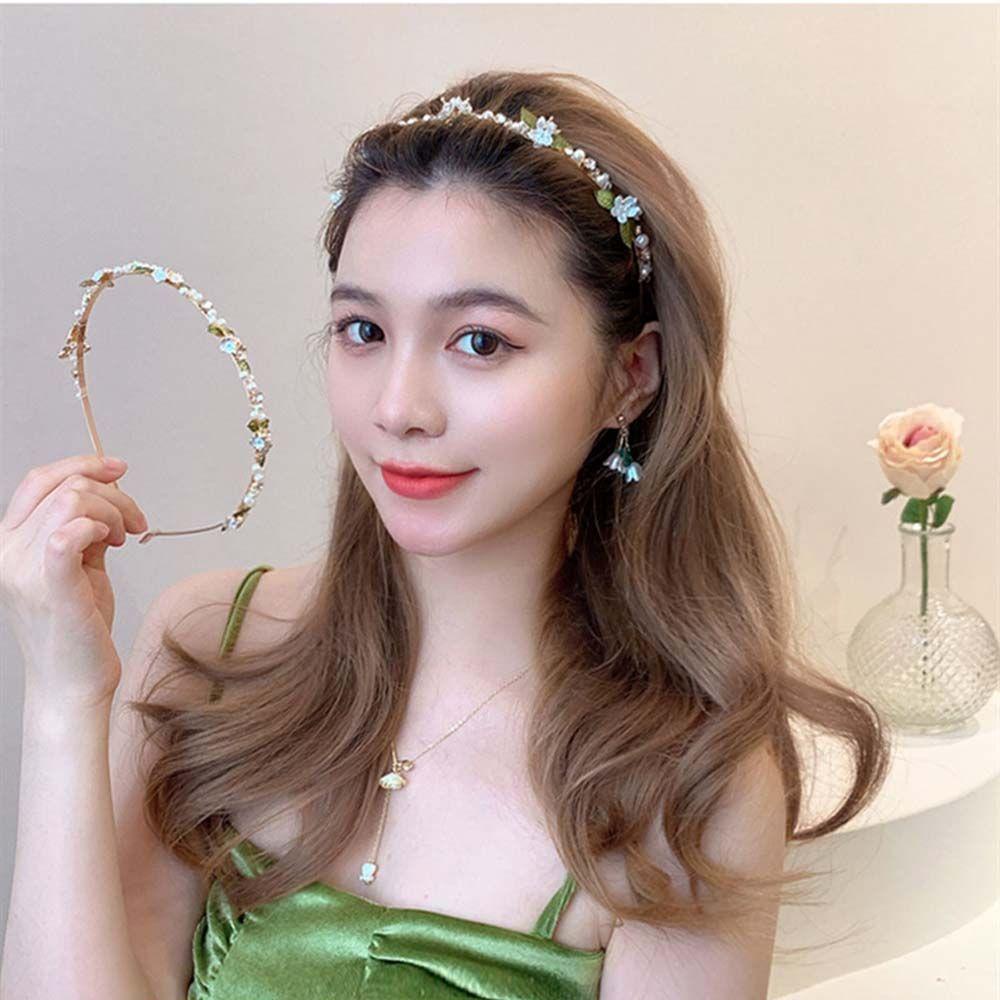 NEEDWAY Bando Mutiara Manis Vintage Bunga Desain Fashion Daun Temperamen Wanita Rambut Hoop