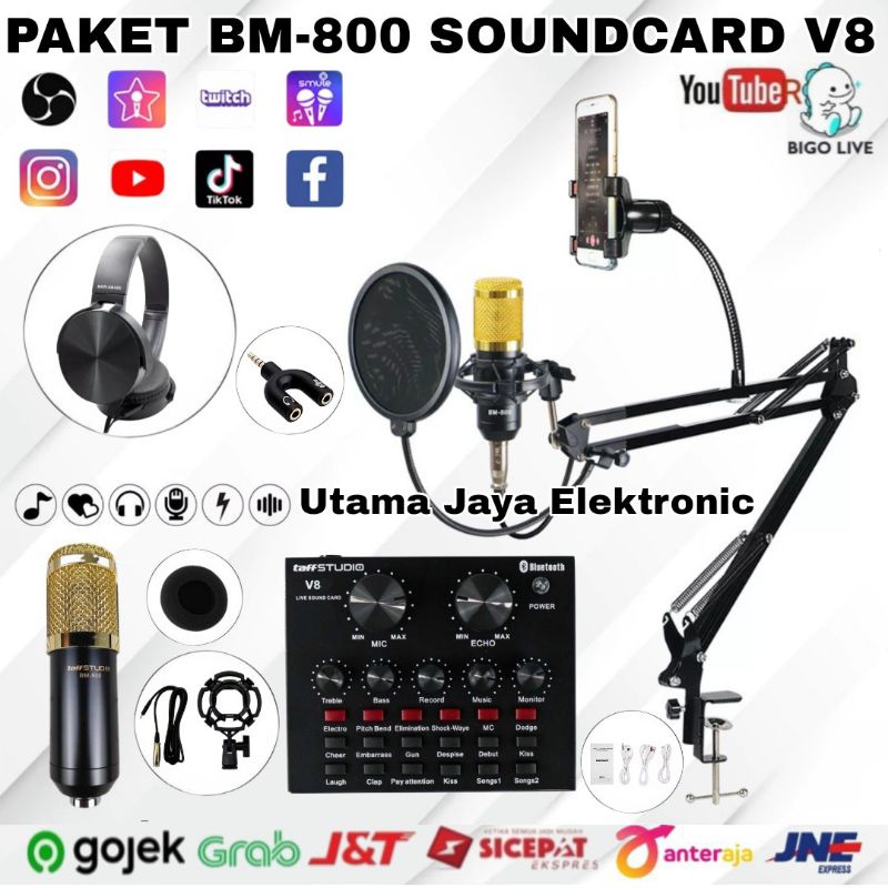 Paket Komplit Mic BM800 Soundcard V8 bluetooth Stand Holder D6 Pop Filter Shield Rekaman Terbaik