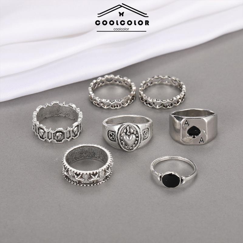 COD ♥7 Pcs Cincin Pria Retro Punk Gaya Men Finger Ring Heart Trendy Male Personality Spades A Width Punk Rock Fashion Untuk Unisex- cl