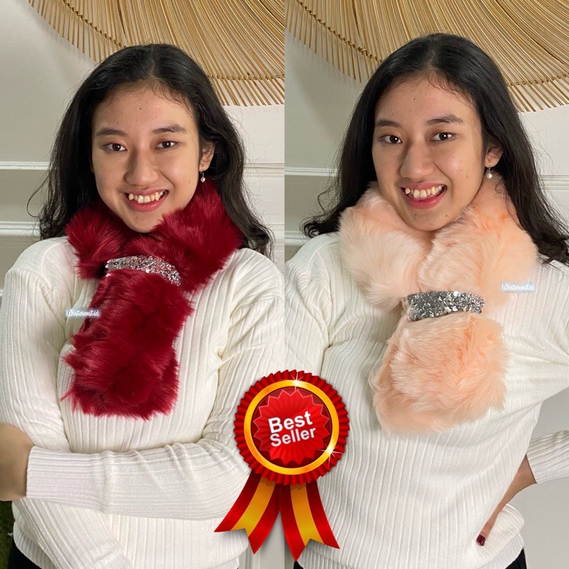 Faux fur scarf syal fox musim dingin winter shawl bulu mewah import korea hangat wanita