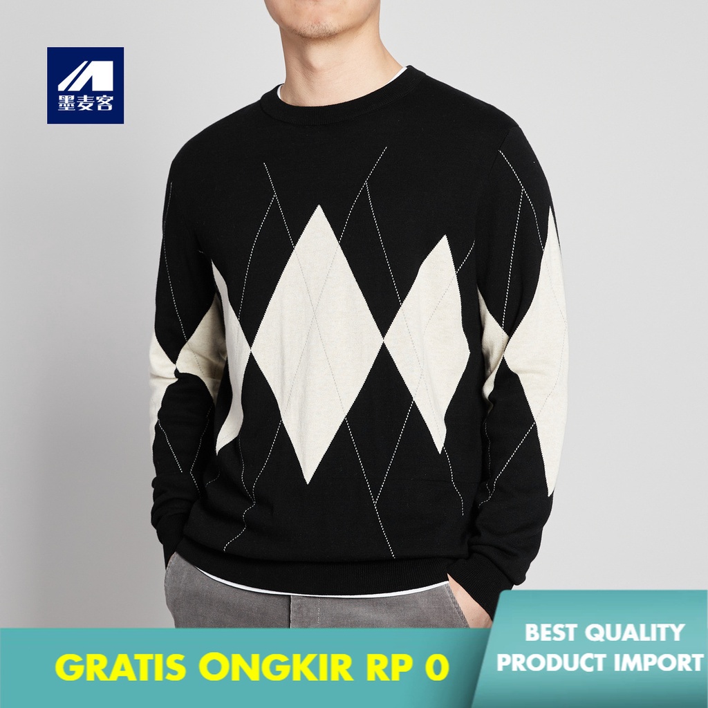 Sweater Pria Kaos Lengan Panjang  Pria Kapas Tebal Sweater Pria      Kotak-kotak Jacquard Pria Rajut