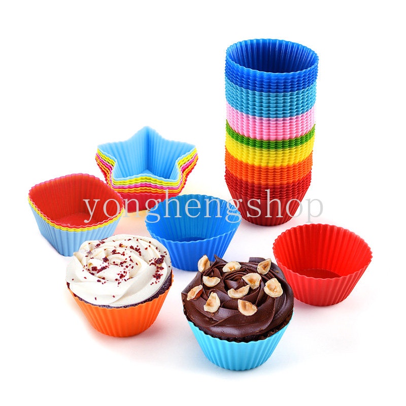 1 Pc Cetakan Cupcake Bentuk Hati Bintang Bunga Bulat Bahan Silikon Anti Lengket Reusable