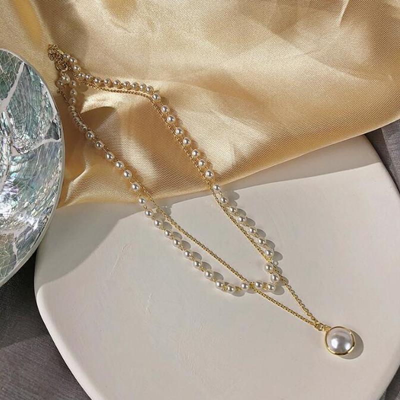 We Flower Baroque Double Layer Pearl Beaded Pendant Necklace for Women Girls