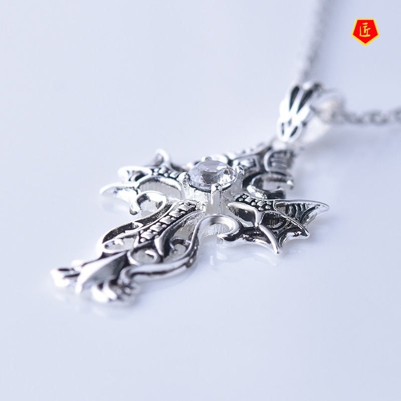 [Ready Stock]Creative Retro S925 Silver Black Cross Pendant Jesus Christ Diamond-Studded Necklace