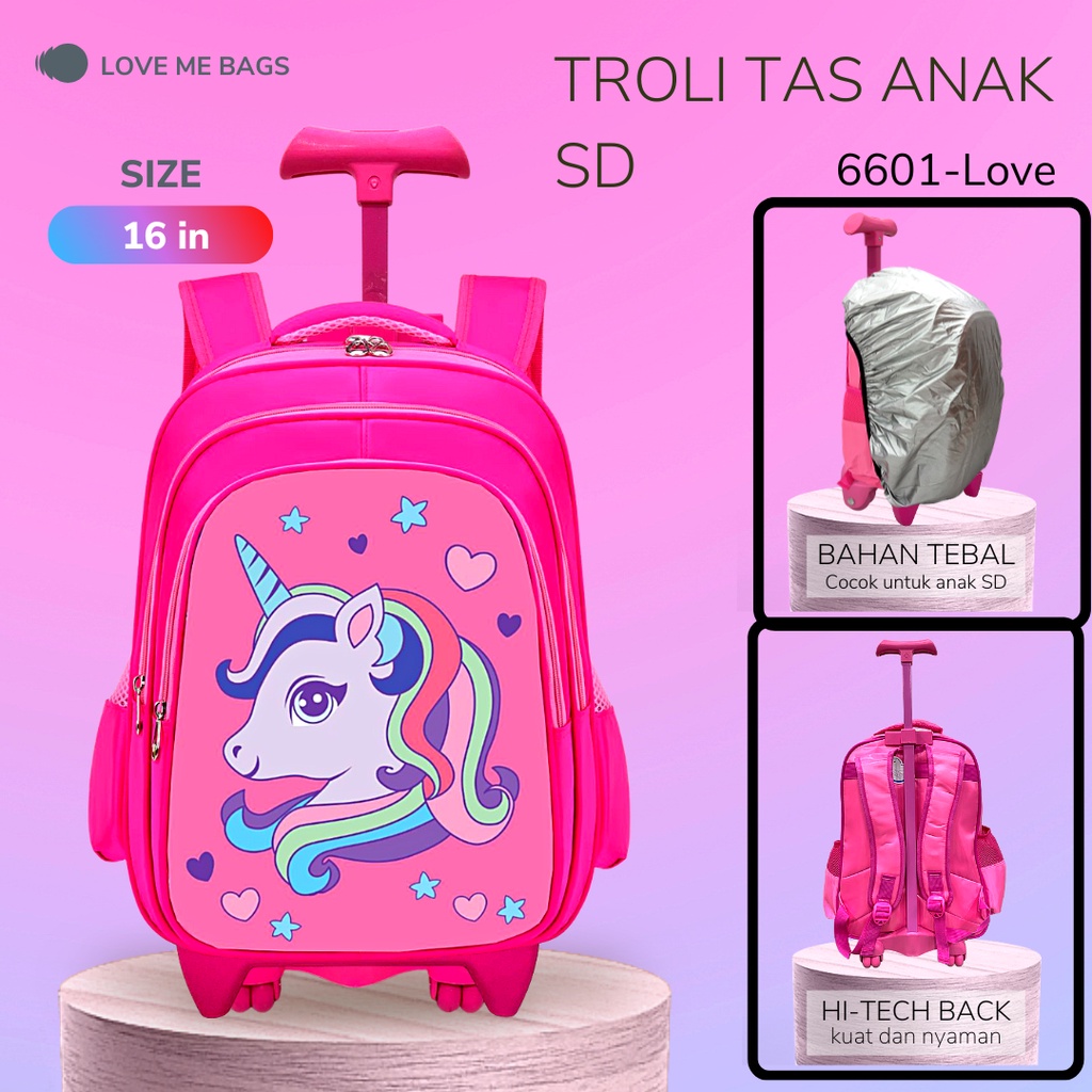 LMB Tas Troli Anak Perempuan SD Gambar Karakter Kuda Poni Unicorn Timbul 6D Import Bahan Nilon Premium