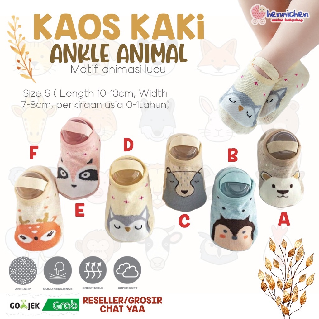 KAOS KAKI BAYI KARAKTER ANIMAL ANKLE DENGAN ANTI SLIP 0-12 bln