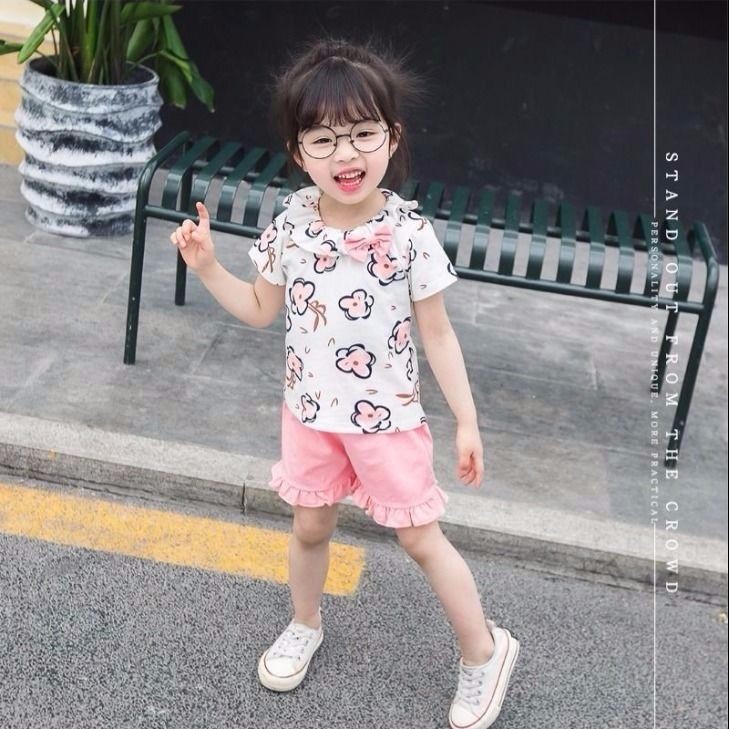 Baju anak cewek setelan perempuan lengan pendek+celana pendek motif bunga import-2
