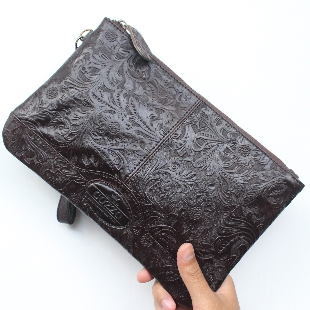 CLUTCH WANITA KULIT ASLI NEVARA BATIK DARK BROWN / FREE GRAVIR NAMA