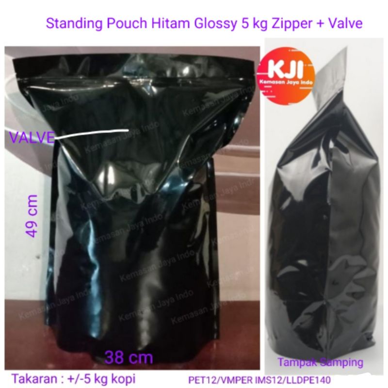 Kemasan Kopi Standing Pouch Hitam Glossy 5 kg Zipper Valve. kemasan kopi.standing pouch.flat bottom