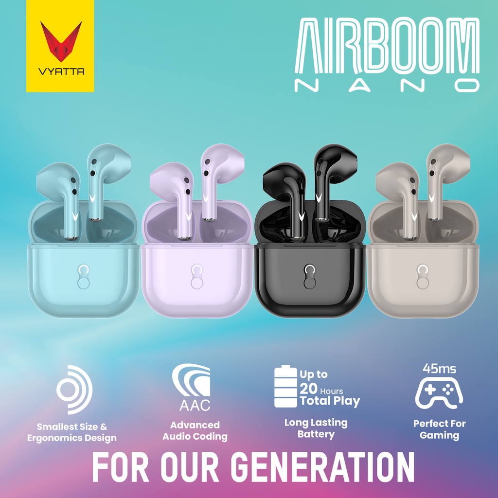 VYATTA AIRBOOM NANO TWS BLUETOOTH HEADSET TRANSPARENT MINI POWERCASE GAMING MODE 16 IN 1