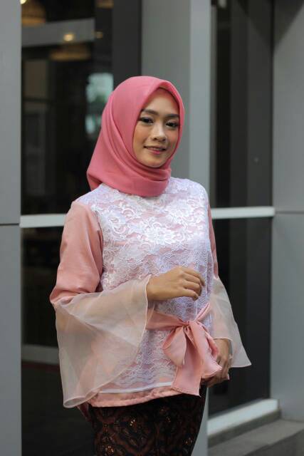 Blouse Kebaya Hijab Tulle Brokat Wanita Softpink Putih M L XL XXL