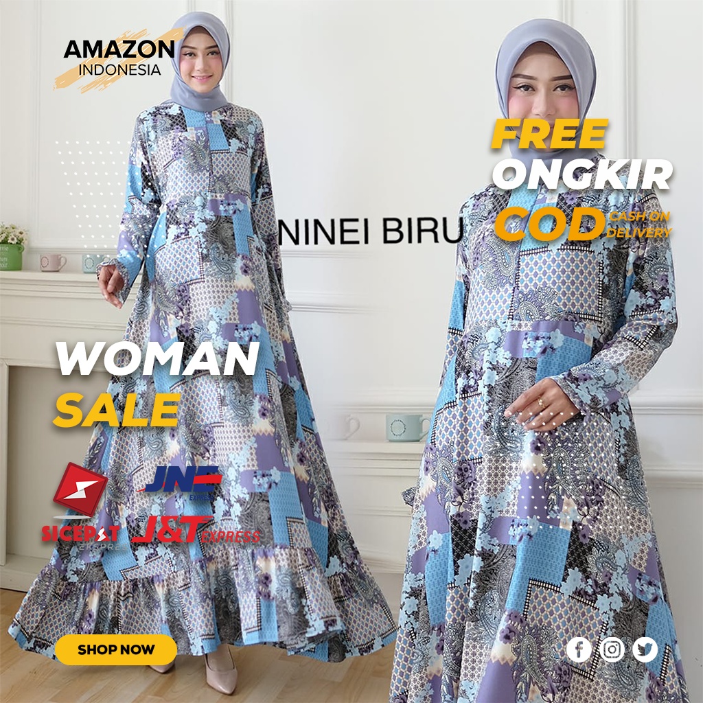 MAXI DRESS WANITA MODEL PANJANG WARNA BIRU STYLE CASUAL BERMOTIF BAHAN WOLFIS BEST QUALITY ORIGINAL