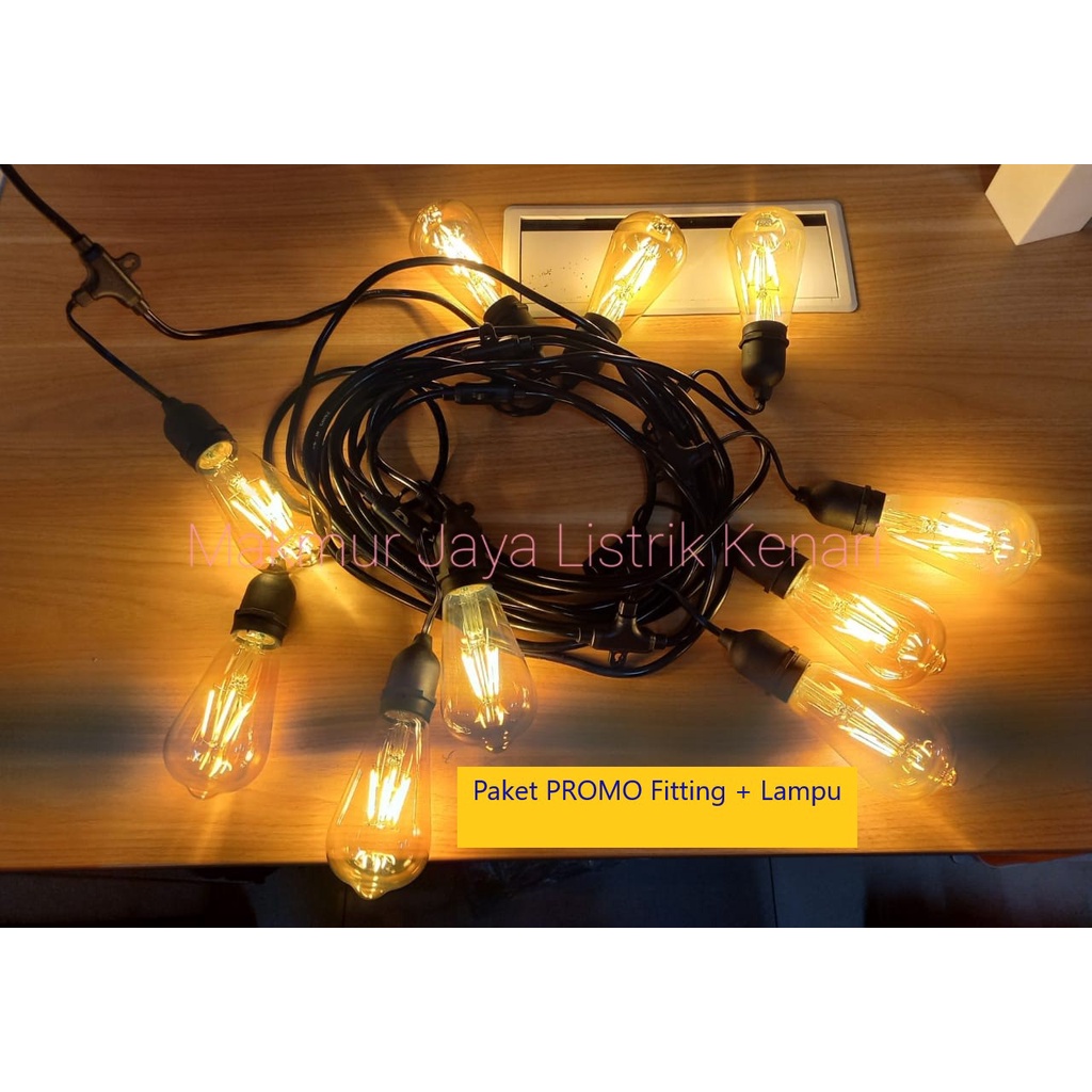 PAKET KABEL LAMPU CAFE 10 METER 10 FITING + ST64 FILAMEN 4 WATT 10M