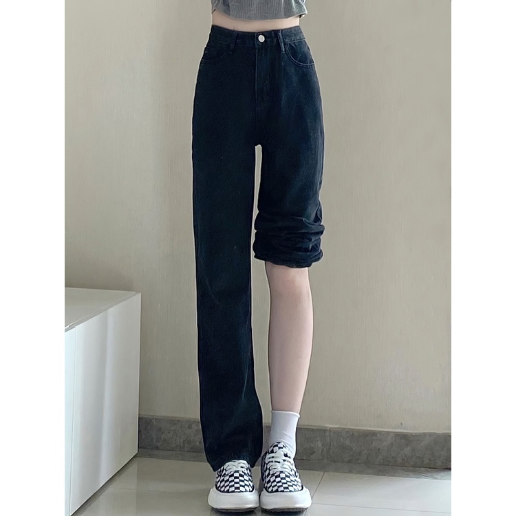 Hitam Korea Highwaist Loose Celana Jeans Panjang Wanita