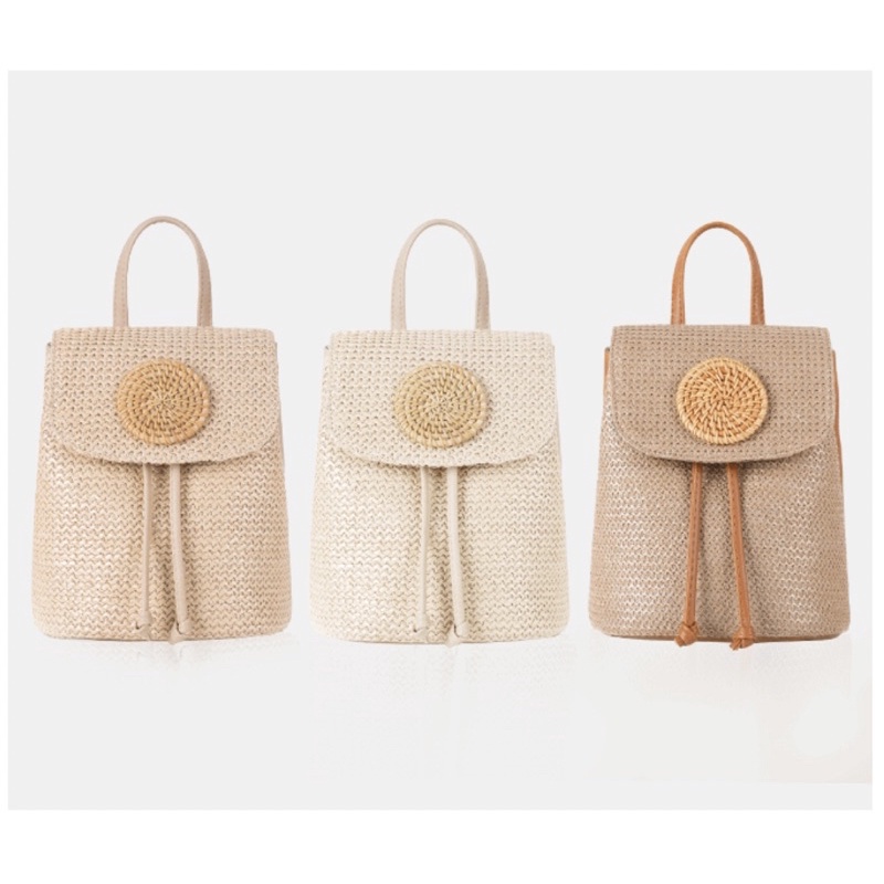 Tas Ransel Kecil Wanita Tas Cewek Mini Woven Straw Backpack OY