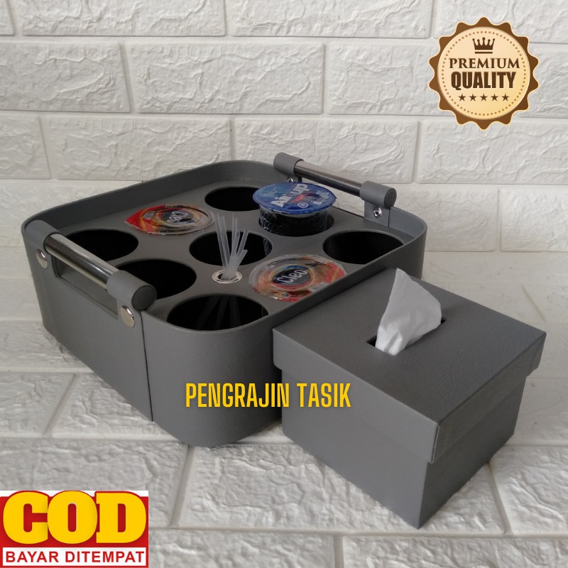 Keranjang Air Mineral Gelas Isi 9 Cup Model Oval + Kotak Tisu Meja Makan Kulit Sintetis Isi 200 Shee