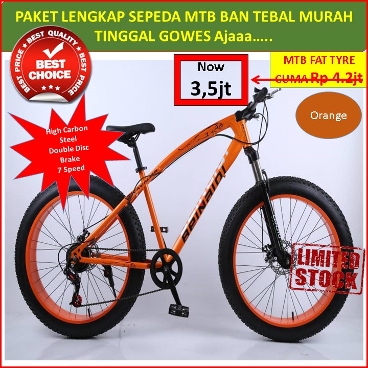 MURAH Paket Lengkap Sepeda MTB BEINAIDI Fat Tyre HIGH CARBON STEEL 7 Speed