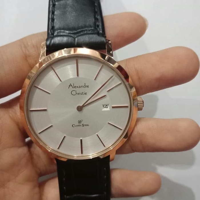 JUAL JAM TANGAN ASLI   ALEXANDRE CHRISTIE AC 8599 PRIA ROSEGOLD WHITE LEATHER BLACK ORIGINAL   I