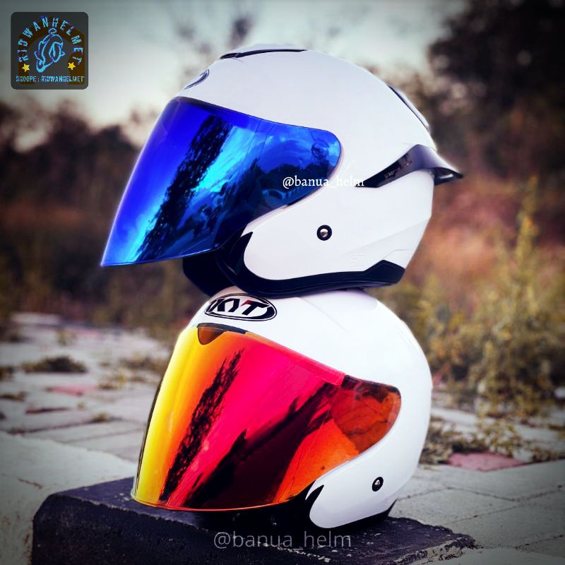Helm KYT Kyoto paket ganteng warna putih + Stiker + Visor Iridium dan Visor original Size M - L - XL