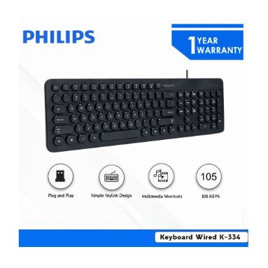 Keyboard philips wired usb 2.0 membrane 105 keys fullsize multimedia for office gaming pc laptop k-344 k334