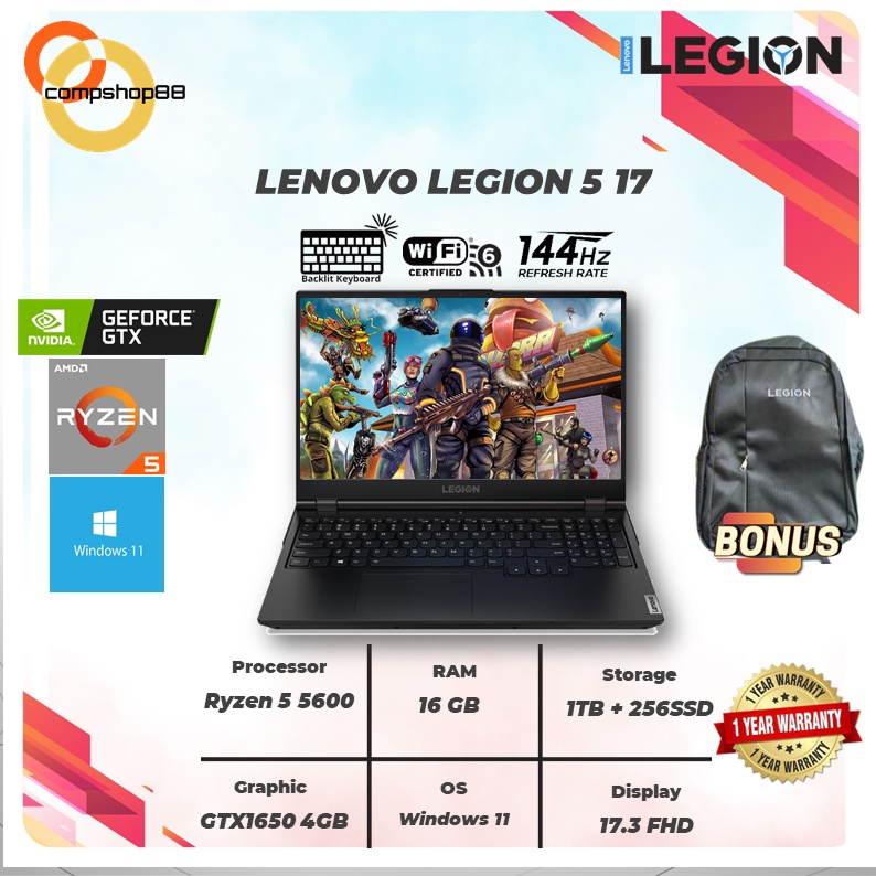 LAPTOP GAMING LENOVO LEGION 5 17 RYZEN 5 5600 16GB 1TB+256SSD GTX1650 4GB W11 17.3FHD