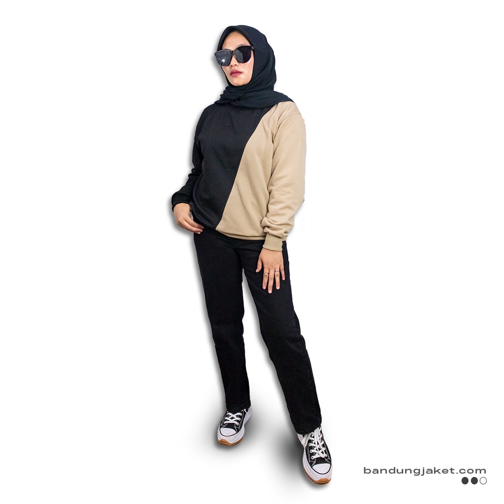 Slash Sweatshirt Kombinasi BLACK_CREEM || SWEATER  CRAWNECK BASIC WANITA FASHIONABLE