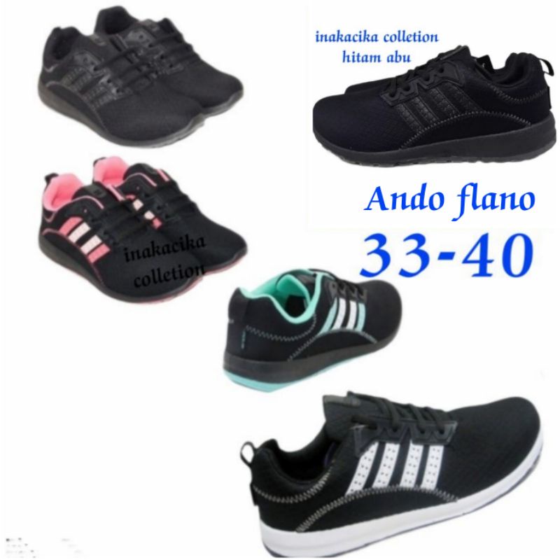 Sepatu sekolah ando plano hitam polos hitam putih hitam fuxia 33-40 SD SMP