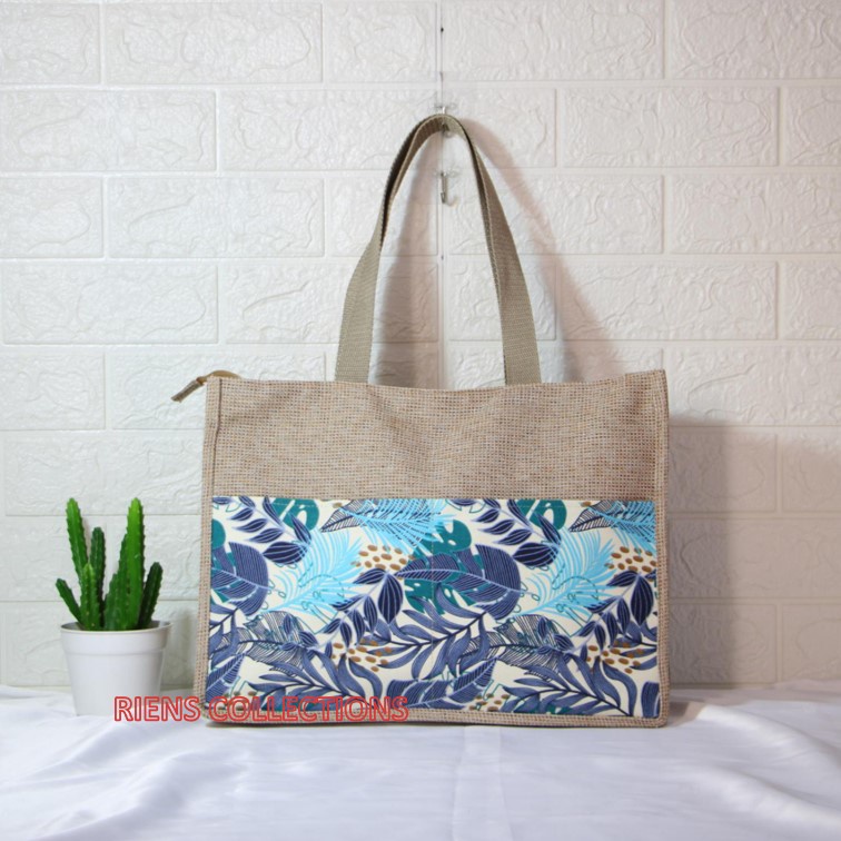 TAS KANVAS. TAS GONI. TOTEBAG GONI. TOTEBAG KANVAS. HANDBAG KANVAS. HANDBAG GONI MOTIF FLORAL BIRU