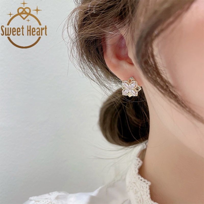 Female Korean S925 Silver Needle Earrings Rotatable Crystal Flower Earring Temperament Simple Earrings Sweet Heart Jewelry