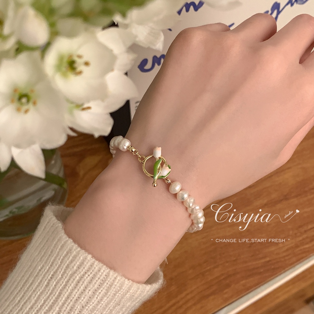 AY(CN) Gelang Manik-Manik Mutiara Bentuk Tulip Warna Pink Untuk Wanita