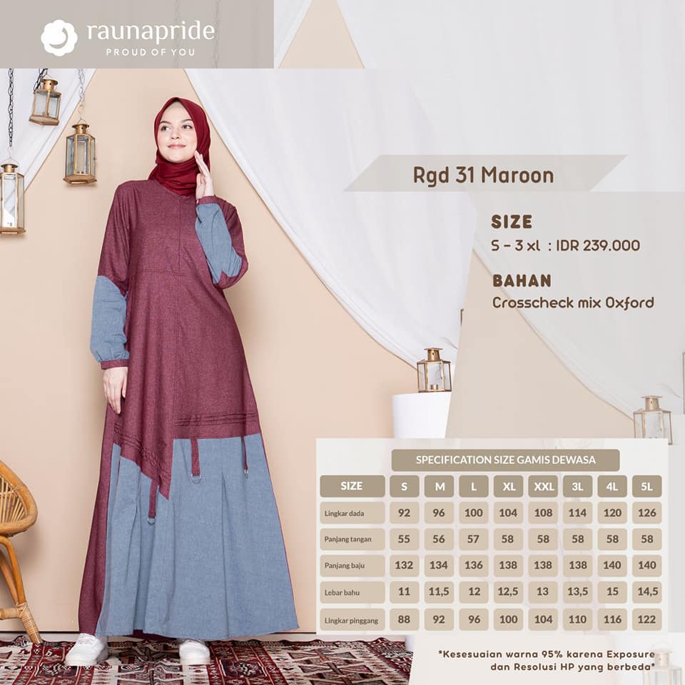 ( Sarimbit Rauna RGD 31 Maroon ) Gamis Dewasa Rauna RGD 31 Maroon RKK 31 Maroon RGR 31 Maroon