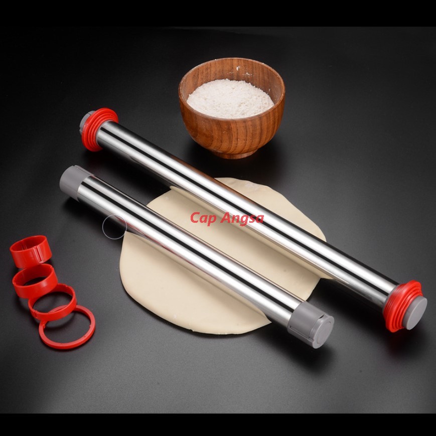 ROLLING PIN ADJUSTABLE THICKNESS STAINLESS STEEL 4 SIZE GILINGAN PENGGILING GILASAN ADONAN KUE ROTI