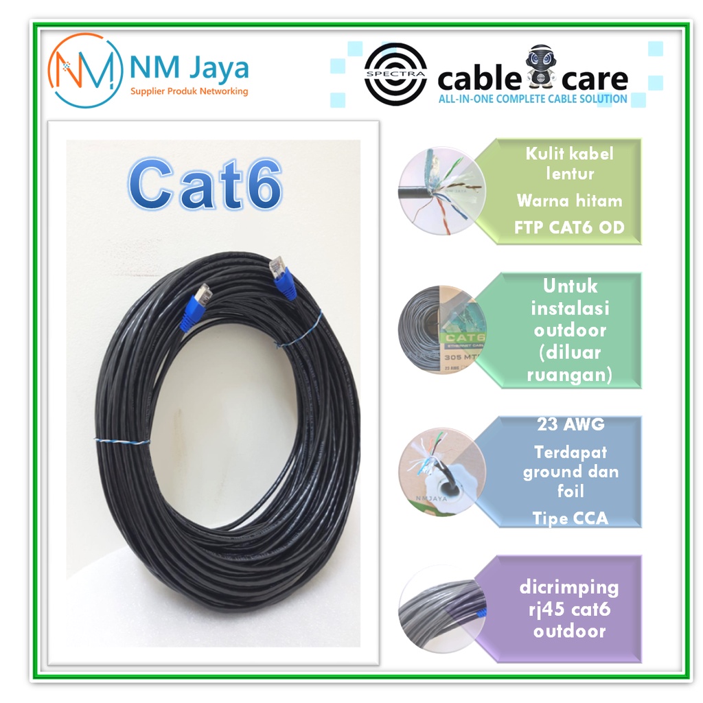 Spectra Lan Outdoor Cat 6 25 meter Ftp Cat6 Siap Pakai sudah dicrimping rj45 besi dan plugbooth Hitam
