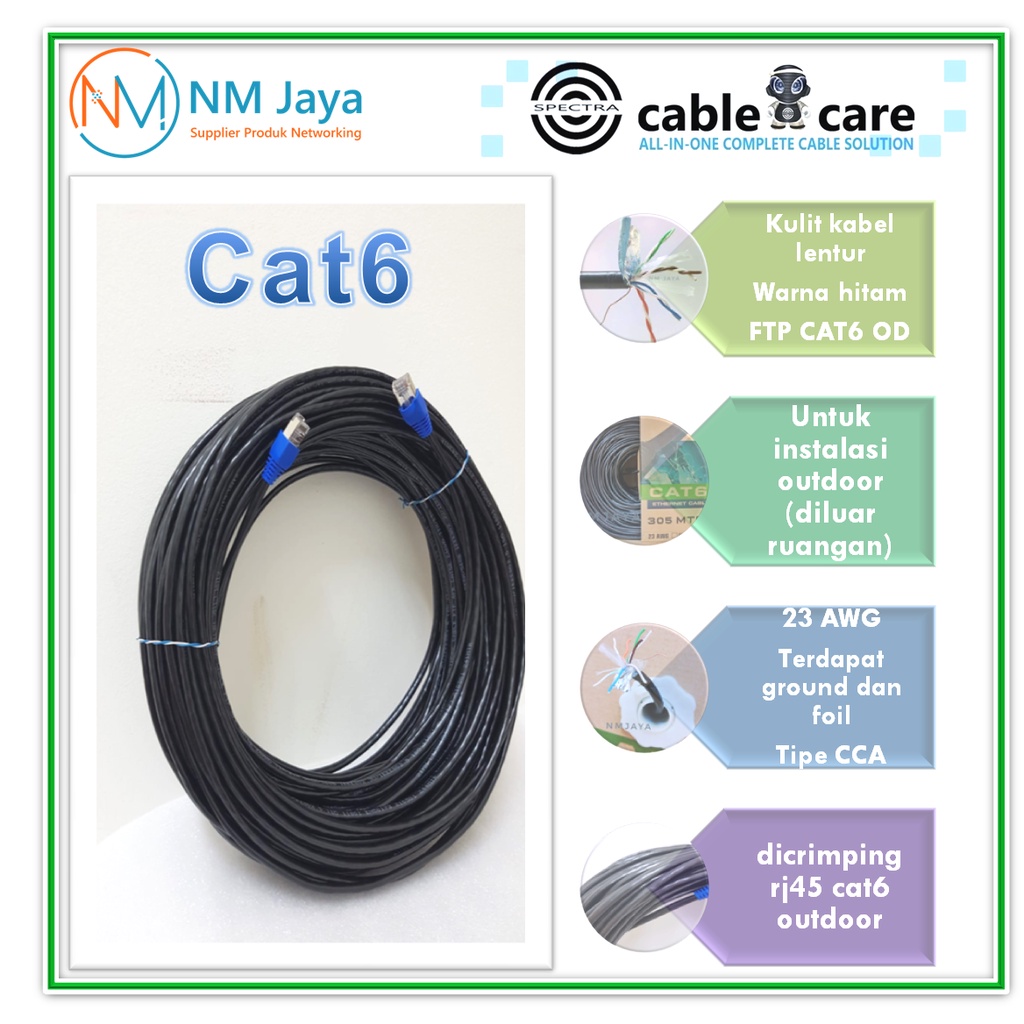 Spectra Lan Outdoor Cat 6 25 meter Ftp Cat6 Siap Pakai sudah dicrimping rj45 besi dan plugbooth Hitam