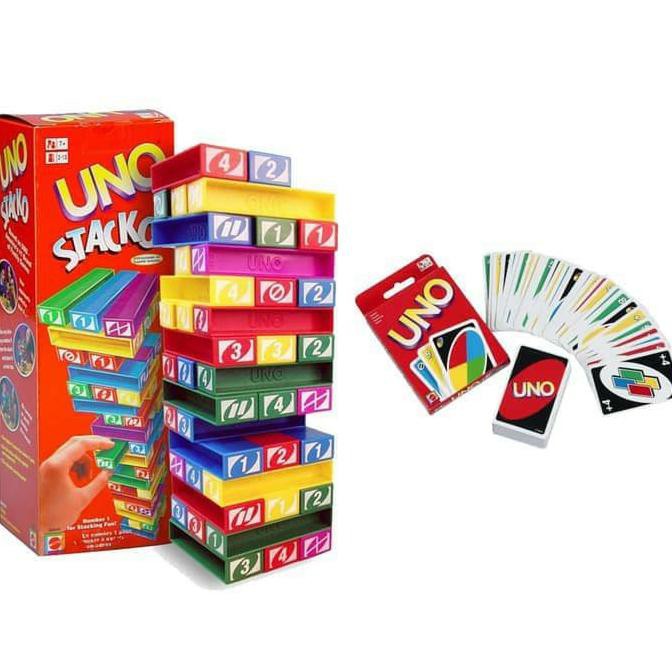 Paket UNO Stacko + Kartu / Card Mainan Susun Balok Block Seru DISKON
