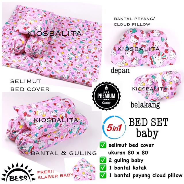 FREE SLABER BABY!! 5IN1 PAKET Baby Bed Set Bedcover Selimut+Bantal Cover Guling bantal peyang