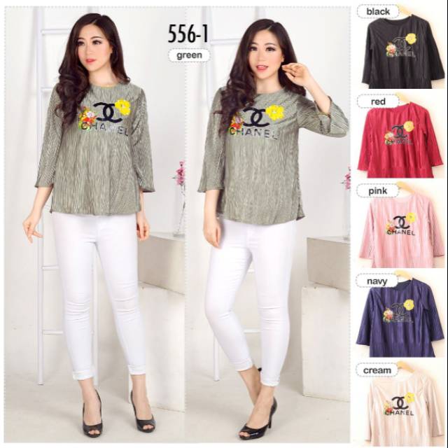 Atasan Wanita / Baju Wanita / Lengan Panjang / Kaos Wanita / Pakaian Wanita Chanel Plisket