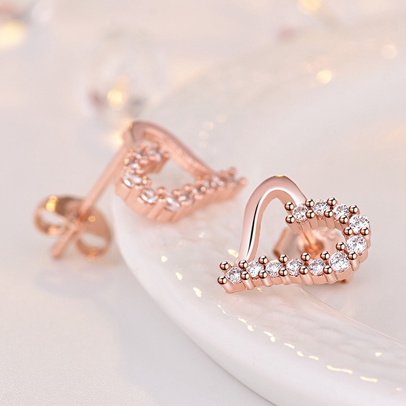 Anting Tusuk Motif Hati Kecil Lucu Bahan Sterling Silver 925 Warna Rose Gold Untuk Wanita