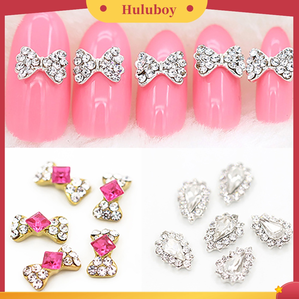 Huluboy Huluboy♡ 10pcs Stiker Kuku 3D Bentuk Pita Bahan Alloy Dengan Glitter Berlian Imitasi