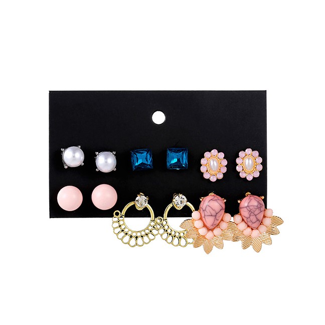 LRC Anting Set Fashion Color 6 Pairs Of Fan-shaped Alloy Stud Earrings F37651