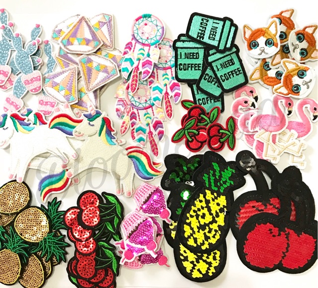 Patch bordir sequin cactus unicorn tropical cherry flaminggo coffee cat dino