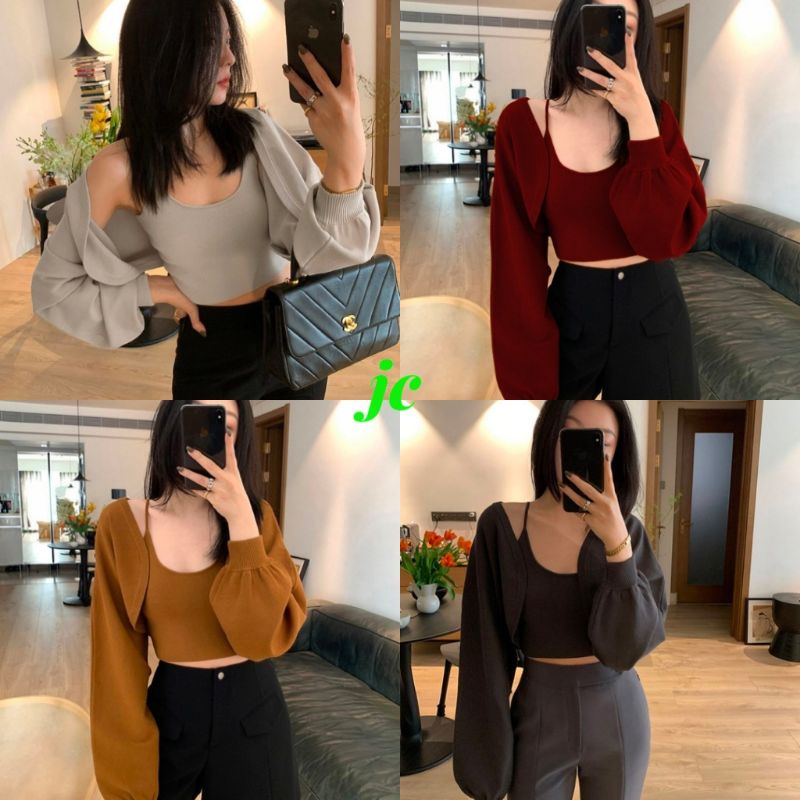 JCNS - CROP BALERO 2IN1 / 2in1 Cardi+Tanktop Rajut Wanita Kekinian