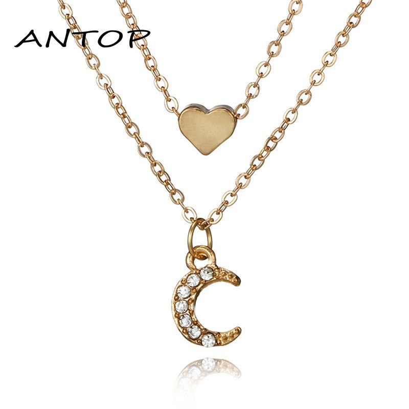 Retro Double-Layer Kalung Cinta Bulan Liontin Peach Hati Rantai Klavikula Aksesoris Fashion ANTOP