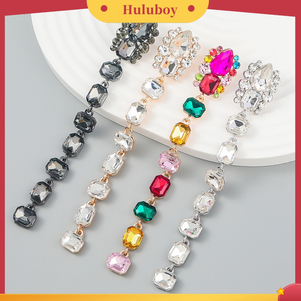 Hu Hu Hu Hu Hu Alat Bantu Pasang Kacamata♡ 1 Pasang Anting Menjuntai Bentuk Persegi Geometris Aksen Berlian Imitasi Warna-Warni