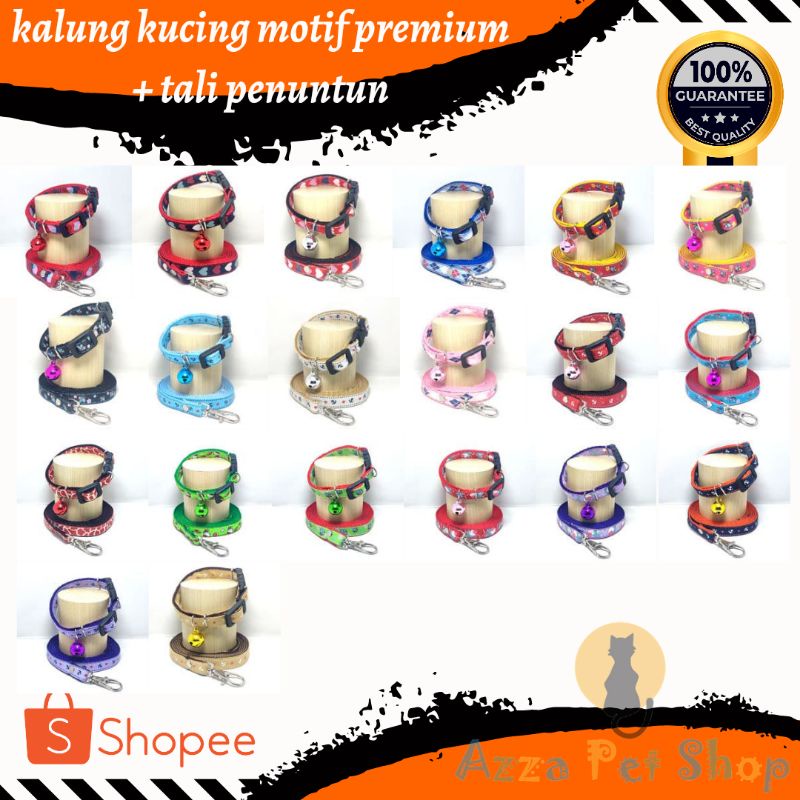 kalung kucing motif premium + tali penuntun / tali kalung kucing lonceng warna 14mm / kalung kucing