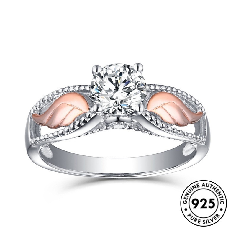 Cincin Desain Sayap Malaikat Aksen Berlian Bahan S925 Silver Warna Rose Gold