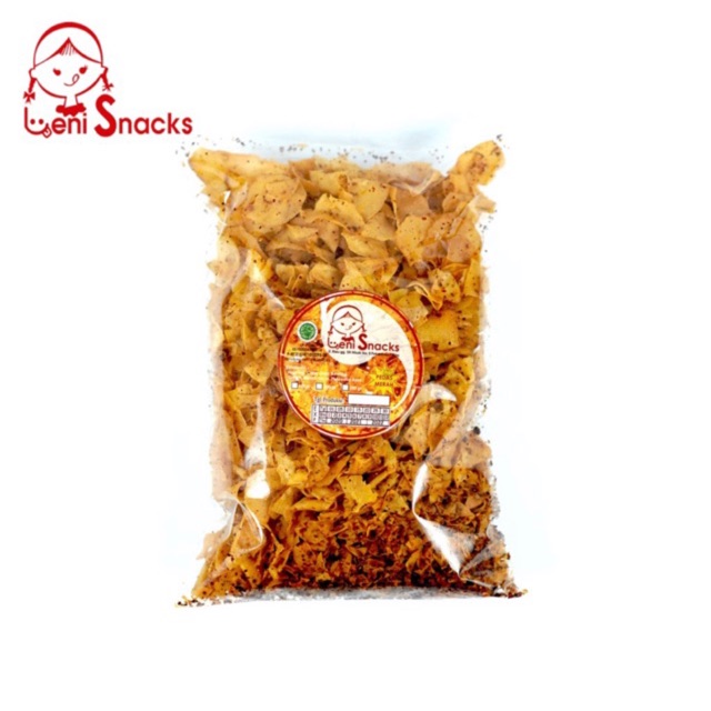 

Leni snacks / Lenisnacks keripik singkong pedes merah , pedas hijau dan pedas manis kemasan 500 gram