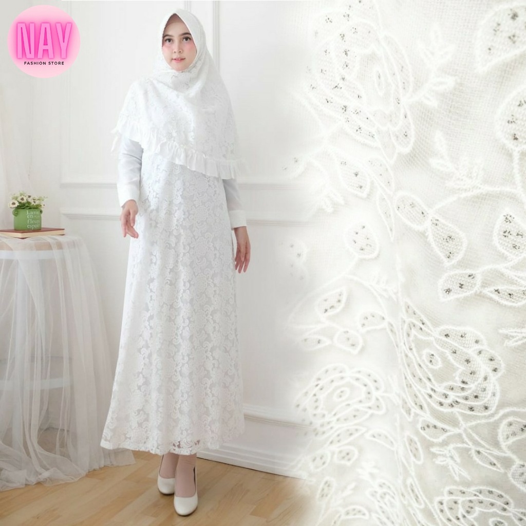 Baju Gamis Putih Jumbo Wanita Brukat Hijab / Baju Muslim Lebaran Umroh Haji Nay Fashion - AUREL