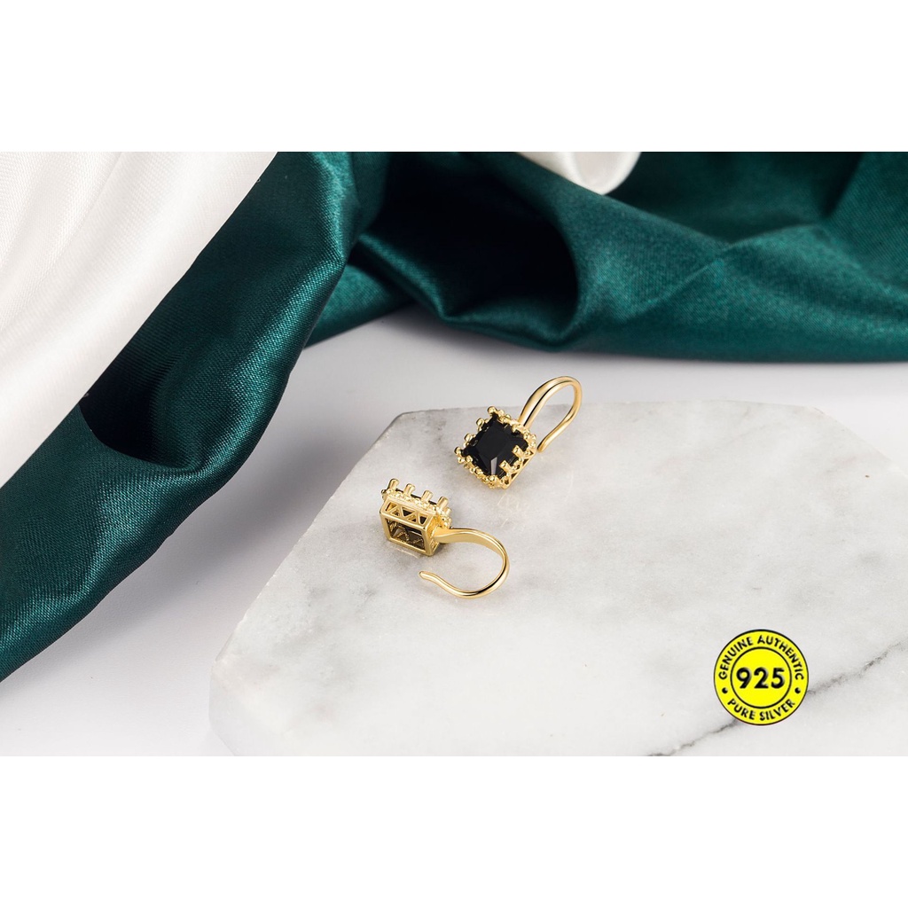 Anting Sterling Silver Bentuk Persegi Aksen Zircon Gaya Retro Perancis