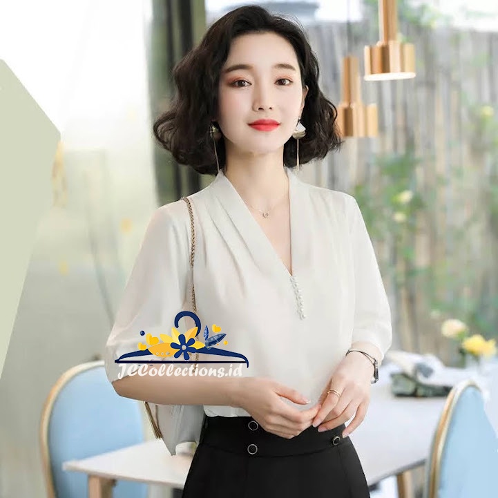 Korea Blouse lengan pendek Variasi mutiara di leher Nattya - JCCOllections